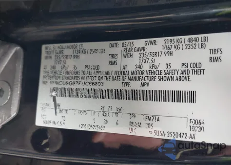 2015 Ford Escape Se из США, поврежденный, VIN 1FMCU9G97FUC66803